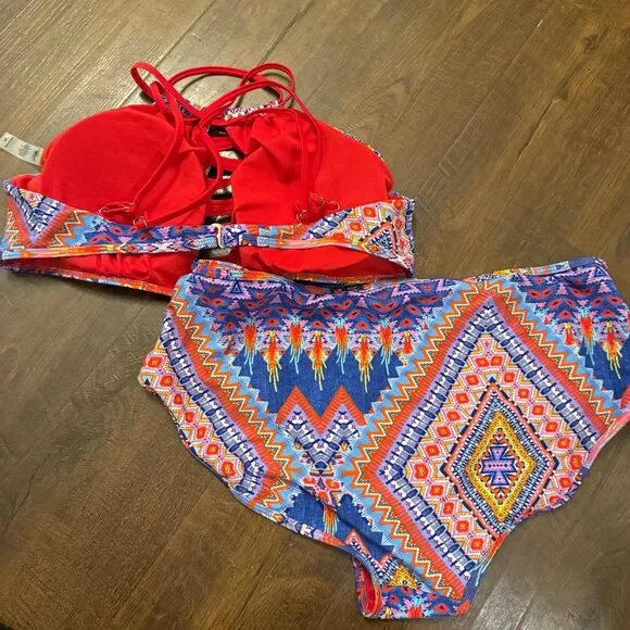 Coral Tropics 3XL High Waist Bikini Two Piece Colorful Tribal Print - Picture 5 of 5